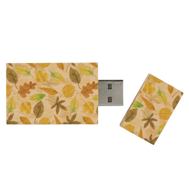 Autumn pattern watercolor 2 wood flash drive (Opened)