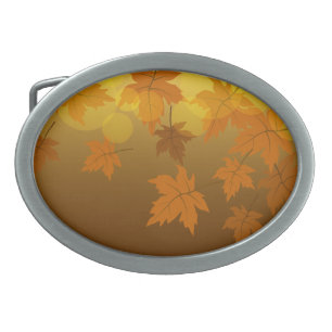 Autumn pattern with falling maple leaves and bokeh belt buckle