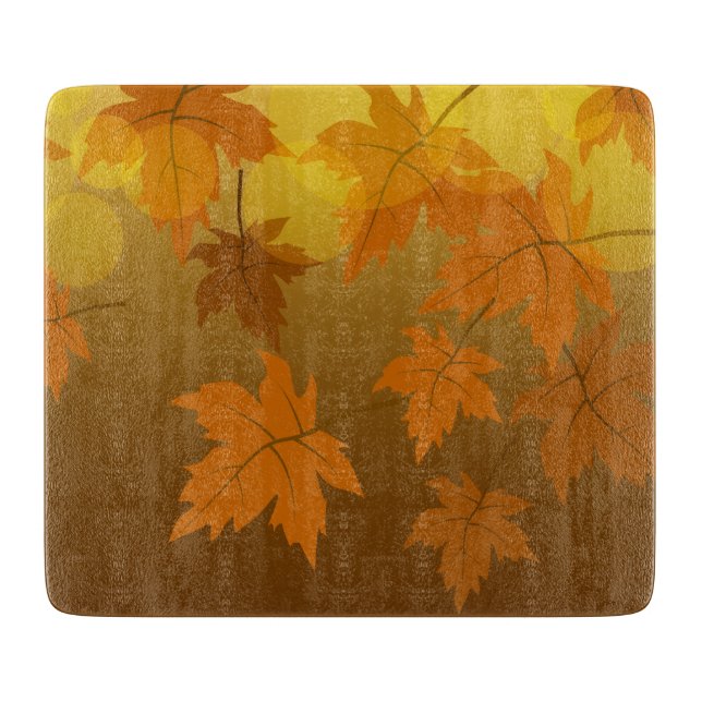 Autumn pattern with falling maple leaves and bokeh cutting board (Front)