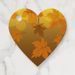 Autumn pattern with falling maple leaves and bokeh favor tags