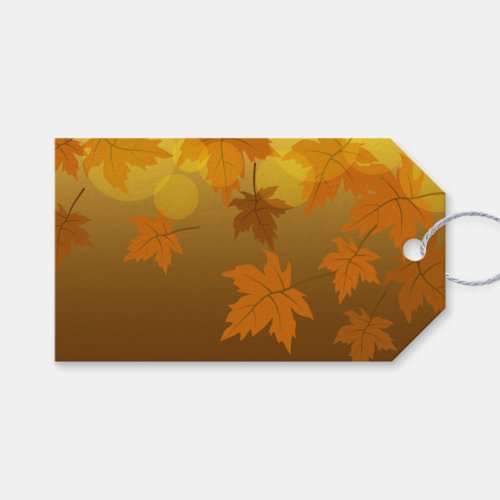 Autumn pattern with falling maple leaves and bokeh gift tags