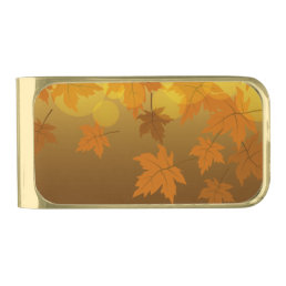 Autumn pattern with falling maple leaves and bokeh gold finish money clip