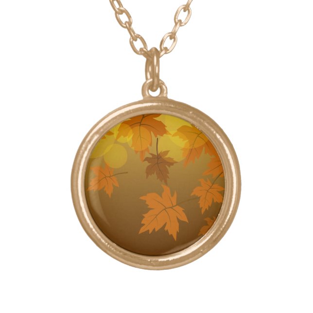 Autumn pattern with falling maple leaves and bokeh gold plated necklace (Front)