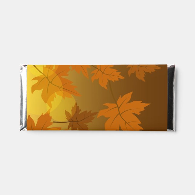Autumn pattern with falling maple leaves and bokeh hershey bar favors (Front)