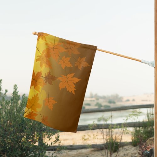 Autumn pattern with falling maple leaves and bokeh house flag