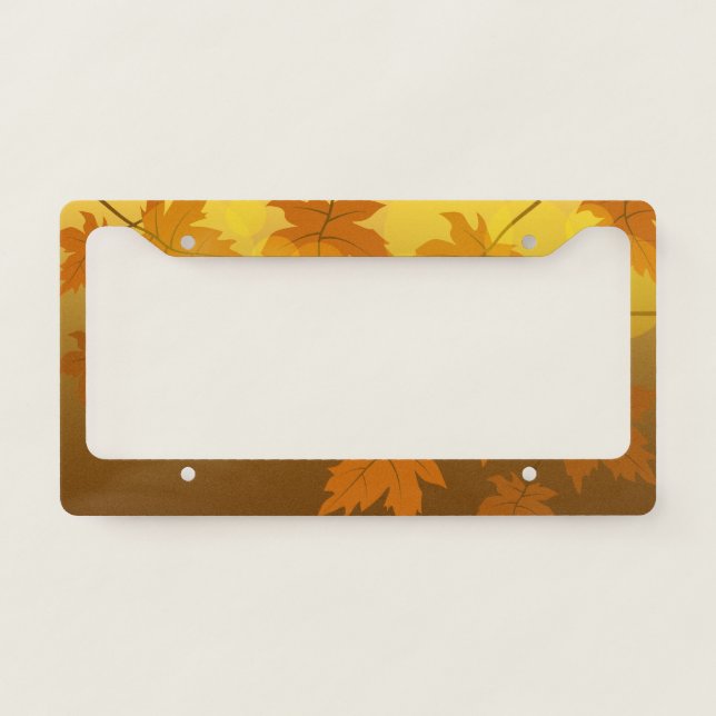 Autumn pattern with falling maple leaves and bokeh license plate frame (Front)