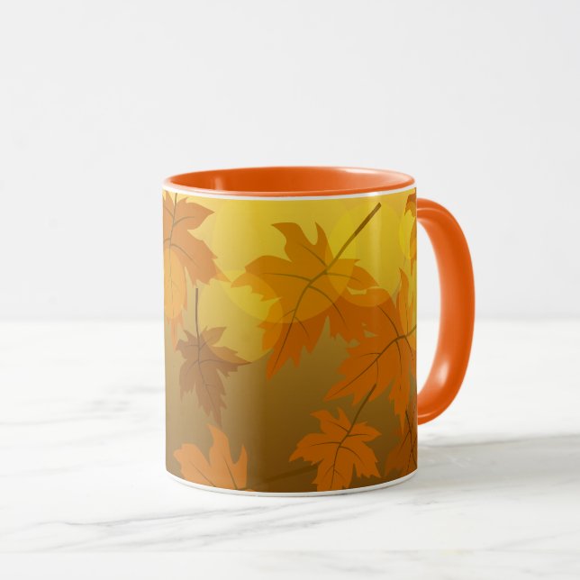 Autumn pattern with falling maple leaves and bokeh mug (Front Right)