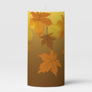 Autumn pattern with falling maple leaves and bokeh pillar candle