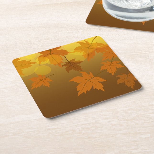 Autumn pattern with falling maple leaves and bokeh square paper coaster (Angled)