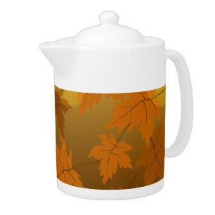 Autumn pattern with falling maple leaves and bokeh teapot