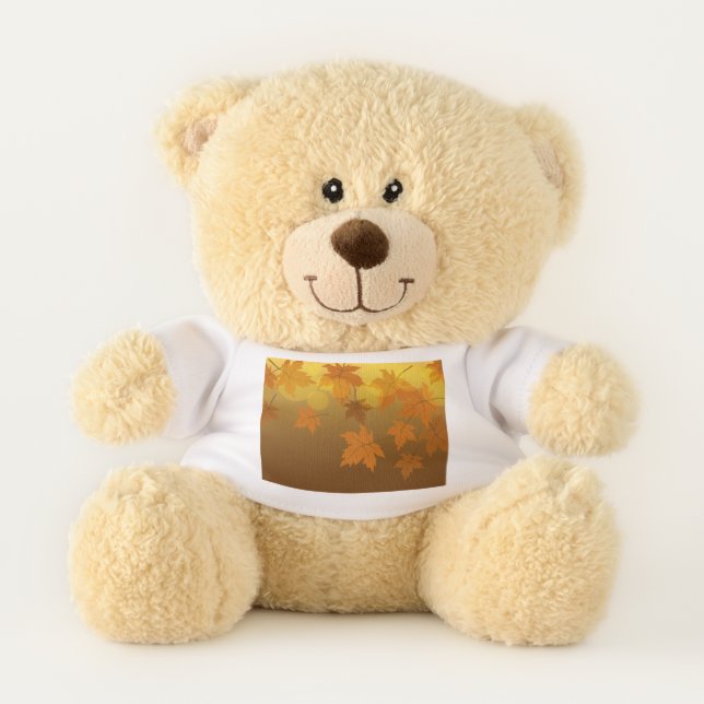Autumn pattern with falling maple leaves and bokeh teddy bear (Front)