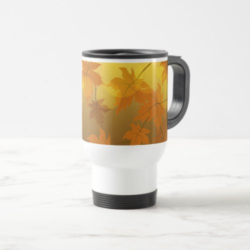 Autumn pattern with falling maple leaves and bokeh travel mug