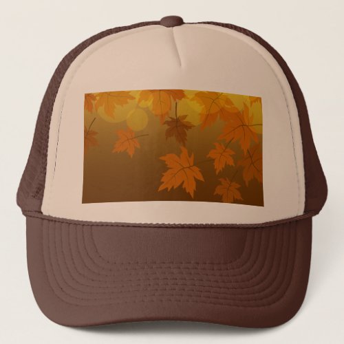 Autumn pattern with falling maple leaves and bokeh trucker hat