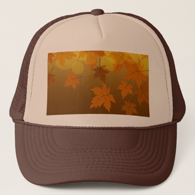 Autumn pattern with falling maple leaves and bokeh trucker hat (Front)