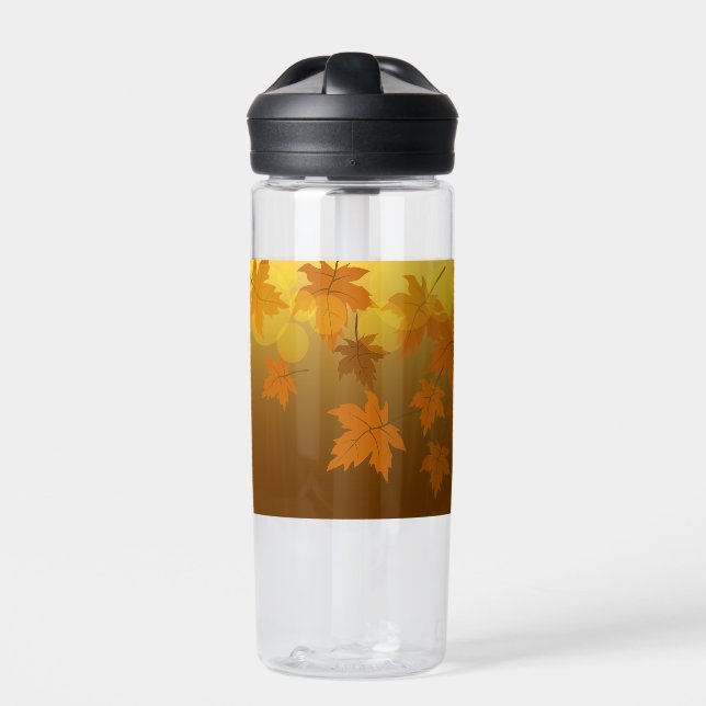 Autumn pattern with falling maple leaves and bokeh water bottle (Front)