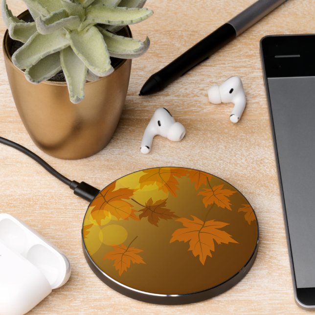 Autumn pattern with falling maple leaves and bokeh wireless charger  (Desk 2)