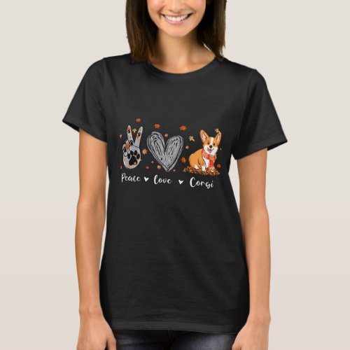 Autumn Peace Love Corgi Dog Lover Heart Victory Si T_Shirt