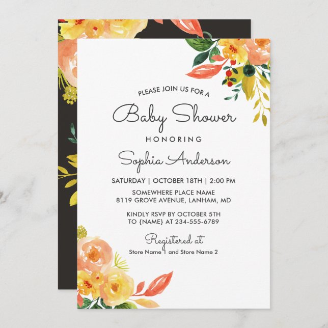Autumn Peach Floral Adorable Fall Baby Shower Invitation (Front/Back)