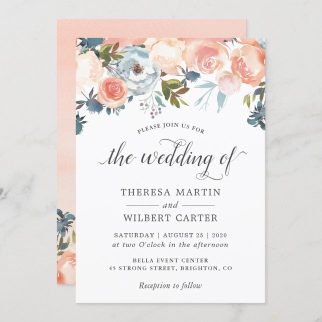 Autumn Peach Floral Calligraphy Script Wedding Invitation (Front/Back)