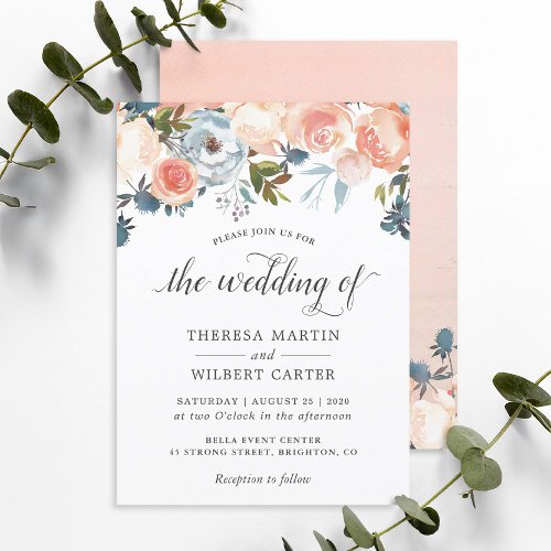 Autumn Peach Floral Calligraphy Script Wedding Card