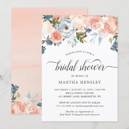 Autumn Peach Floral Curly Script Bridal Shower Card