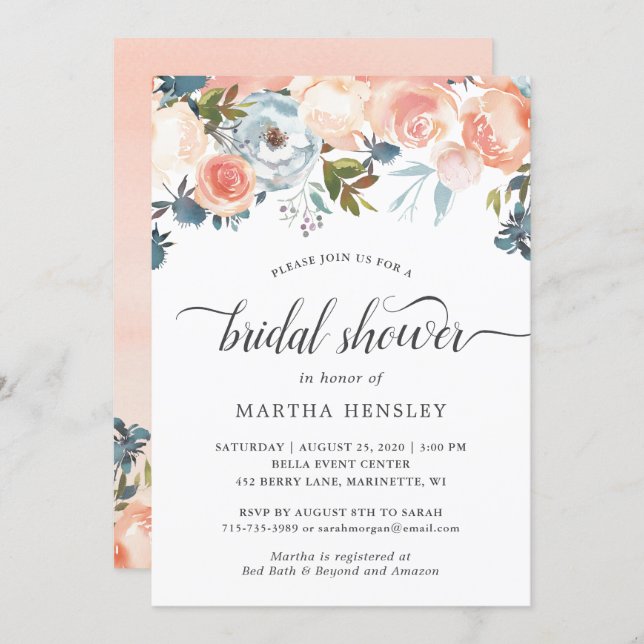 Autumn Peach Floral Curly Script Bridal Shower Invitation (Front/Back)
