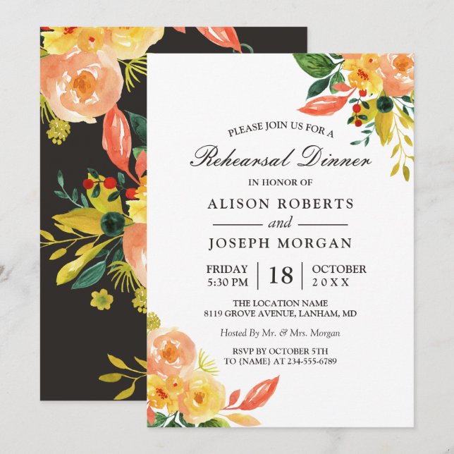 Autumn Peach Floral Fall Wedding Rehearsal Dinner Invitation (Front/Back)