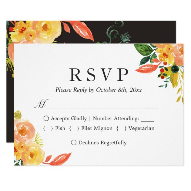 Autumn Peach Watercolor Floral Fall Wedding RSVP Card