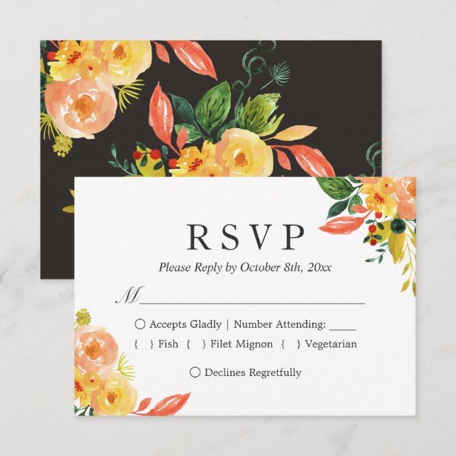 Autumn Peach Watercolor Floral Fall Wedding RSVP Card (Front/Back)
