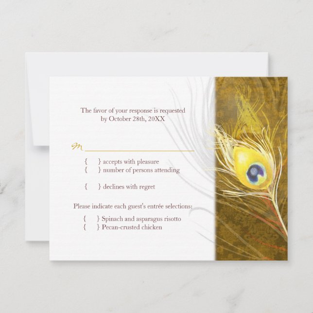 Autumn Peacock Feather Wedding Meal Choice RSVP (Front)