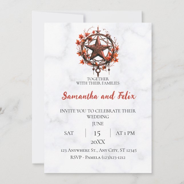 Autumn Pentacle Magick Marble Wedding Invitation (Front)