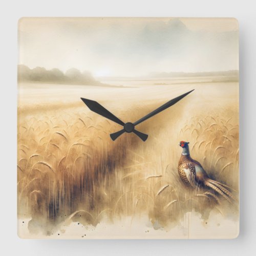 Autumn Pheasant in Wheat Field Square Wall Clock