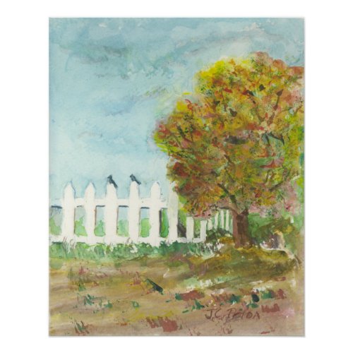 Autumn Picket Fence and Tree with Birds Watercolor Poster