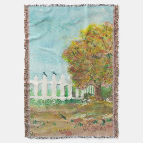 Autumn Picket Fence and Tree with Birds Watercolor Throw