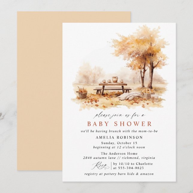Autumn Picnic Cute Rustic Fall Baby Shower Brunch Invitation (Front/Back)
