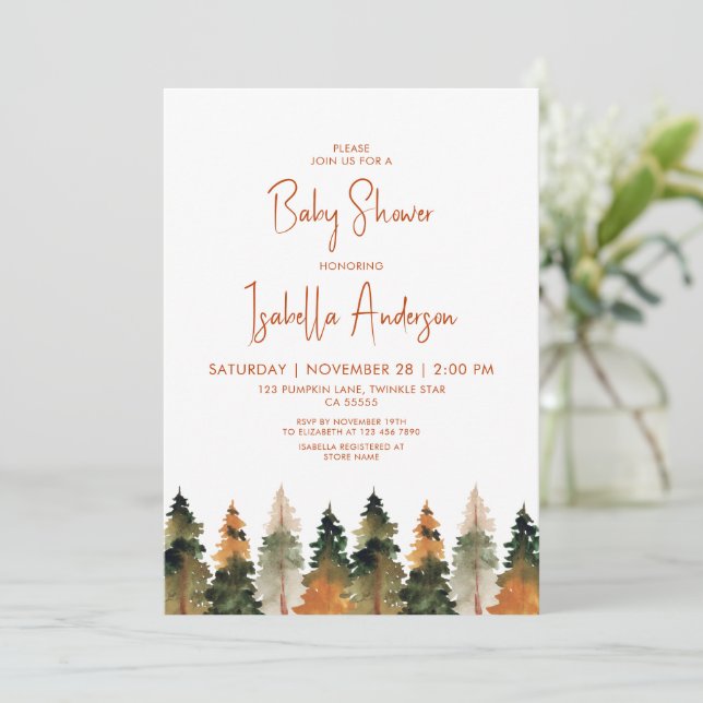 Autumn Pine Trees Baby Shower   Invitation (Standing Front)