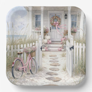 Autumn Pink and White Pumpkins on Cottage Porch Paper Plates