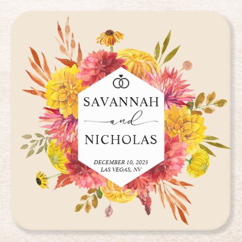 Autumn Pink and Yellow Watercolor Floral Wedding Square Paper Coaster