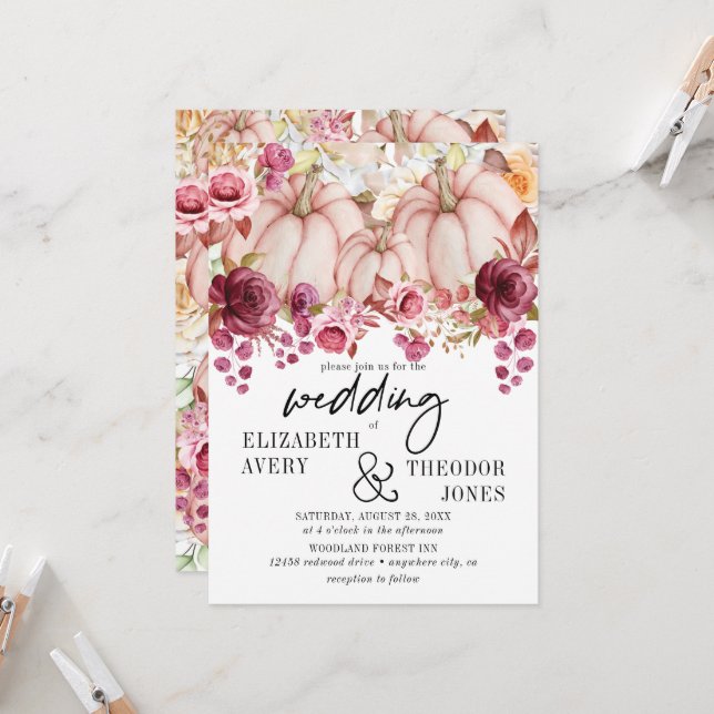 Autumn Pink Burgundy Pumpkin Floral Wedding Invita Invitation (Front/Back In Situ)