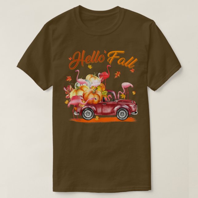 Autumn Pink Flamingo Hello Fall Pumpkin Truck Than T-Shirt (Design Front)