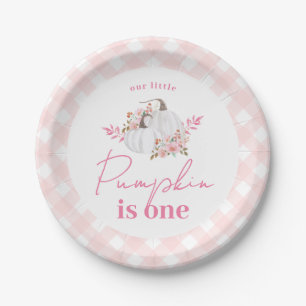 Autumn Pink Gingham Little Pumpkin First Birthday Paper Plates