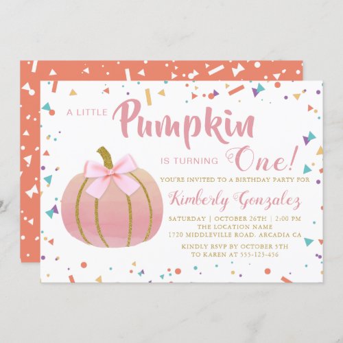 Autumn Pink Little Pumpkin 1st Birthday Photo Invitation