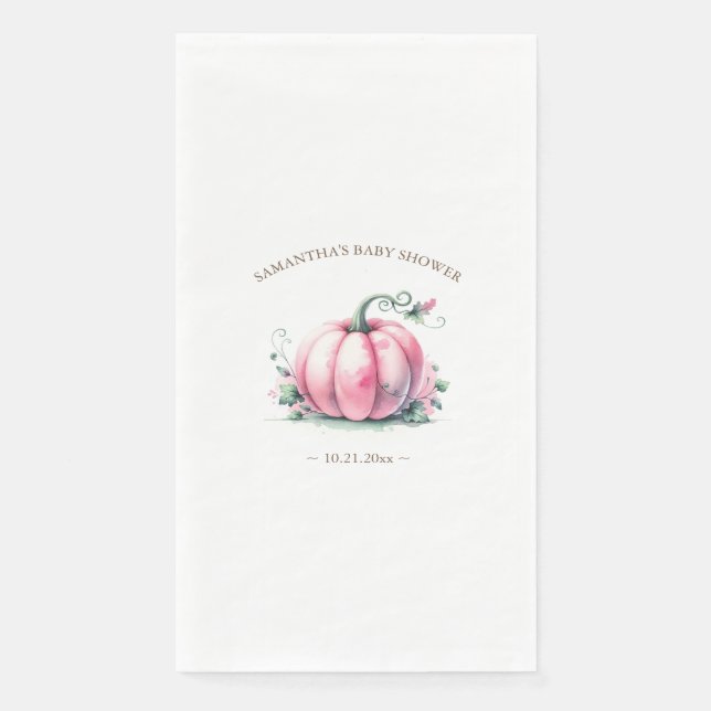 Autumn Pink Pumpkin Baby Shower Personalized Paper Guest Towels (Front)