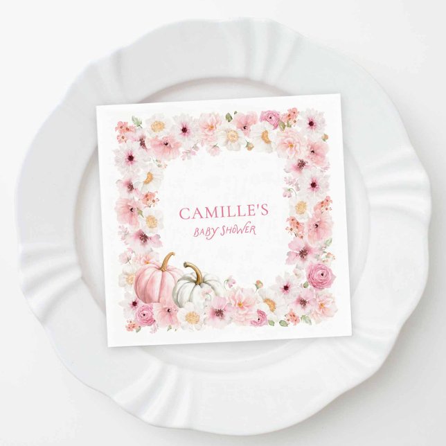Autumn Pink Pumpkin Floral Baby Shower Napkins (Fall Girl Baby Shower Napkins)