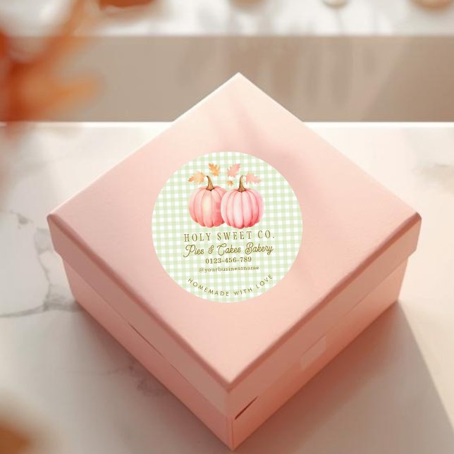 Autumn Pink Pumpkin Gingham Bakery  Classic Round Sticker (Pink Pumpkin Green Gingham Bakery sticker)
