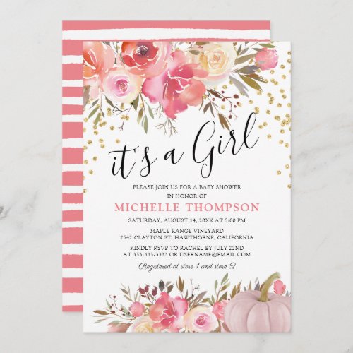 Autumn Pink Pumpkin its a Girl Floral Baby Shower Invitation