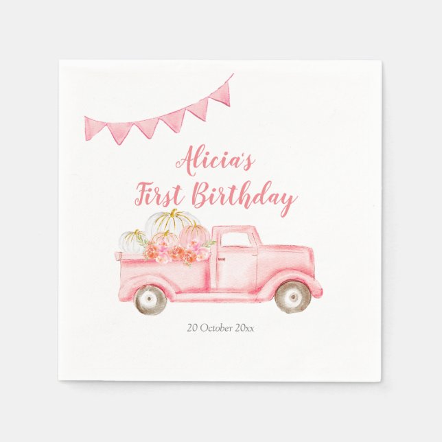 Autumn Pink Pumpkin Truck Paper Party Plate Napkins (Front)