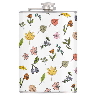autumn pink red and yellow flowers and leaves flask
