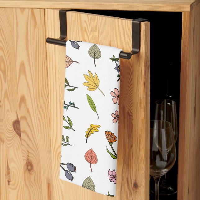 autumn pink red and yellow flowers and leaves  kitchen towel (Thirds Fold)