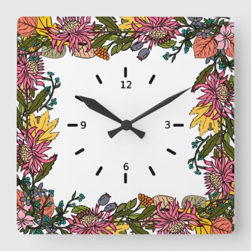 autumn pink red and yellow flowers and leaves square wall clock